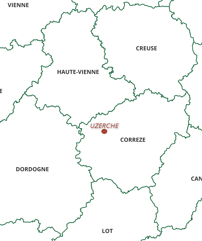 Carte des lieux d'intervention en médiation : Uzerche, Limoges, Brive, Périgueux, Bergerac
